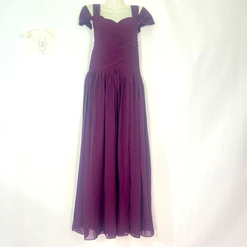 Purple Eggplant Off Shoulder Ruched Chiffon Dress Sweetheart Neck Sz 14